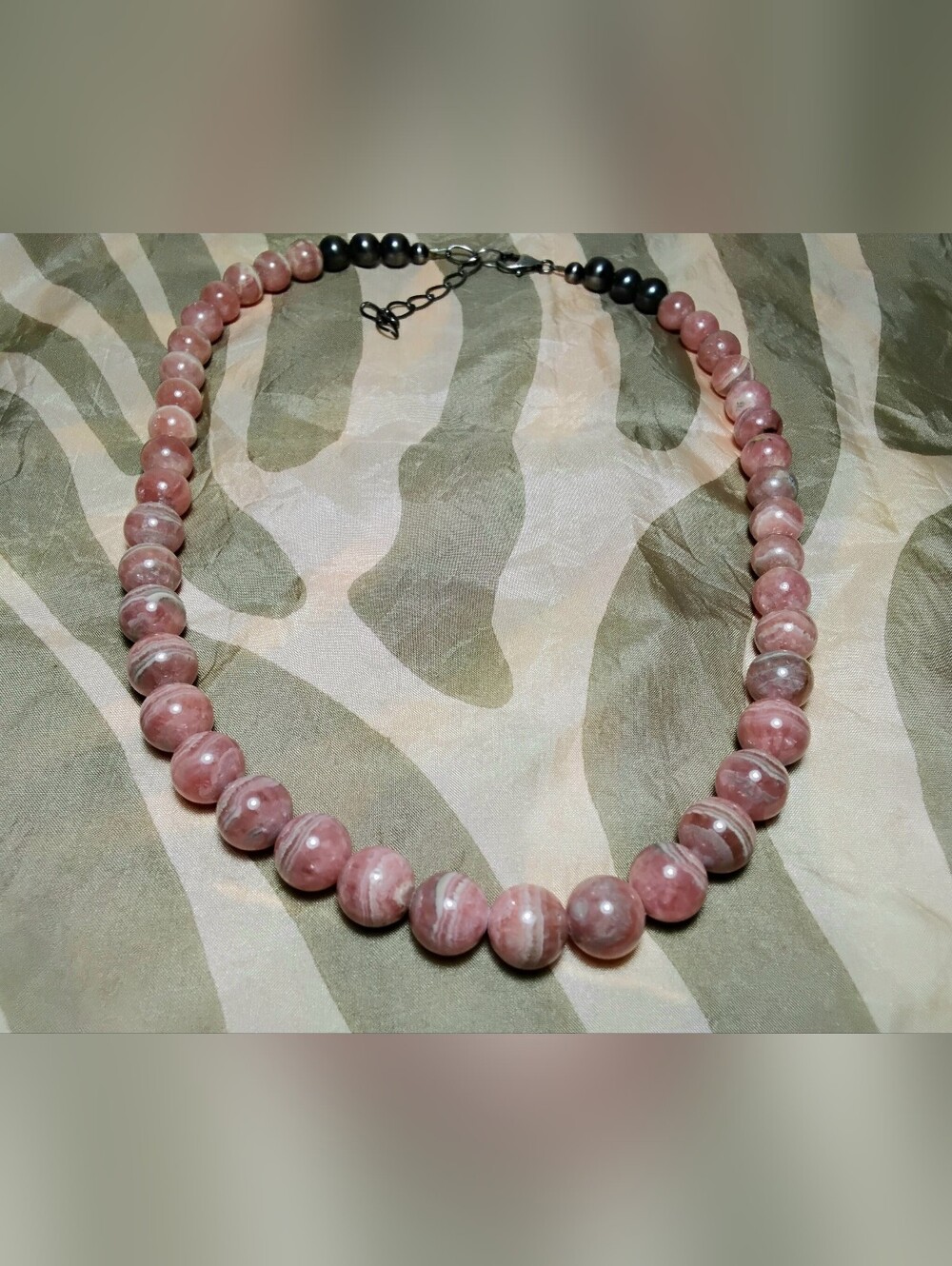 Rhodochrosite Beaded Necklace 925 Silver Hematite